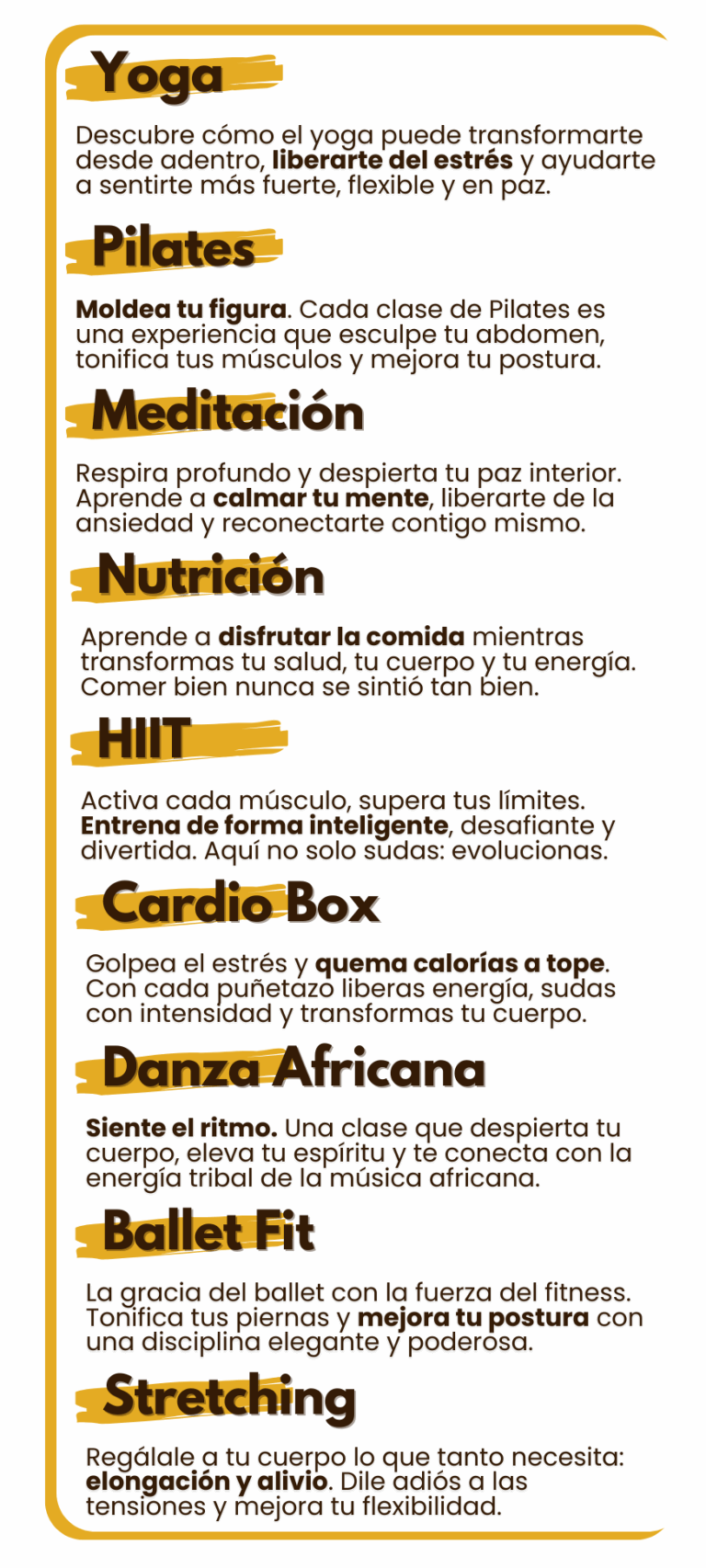 clases de yoga, nutricion, entrenamiento, pilates, stretching, ballet, meditacion y danza